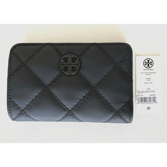 New Tory Burch Willa Matte Medium Leather Wallet Black - Picture 3 of 5